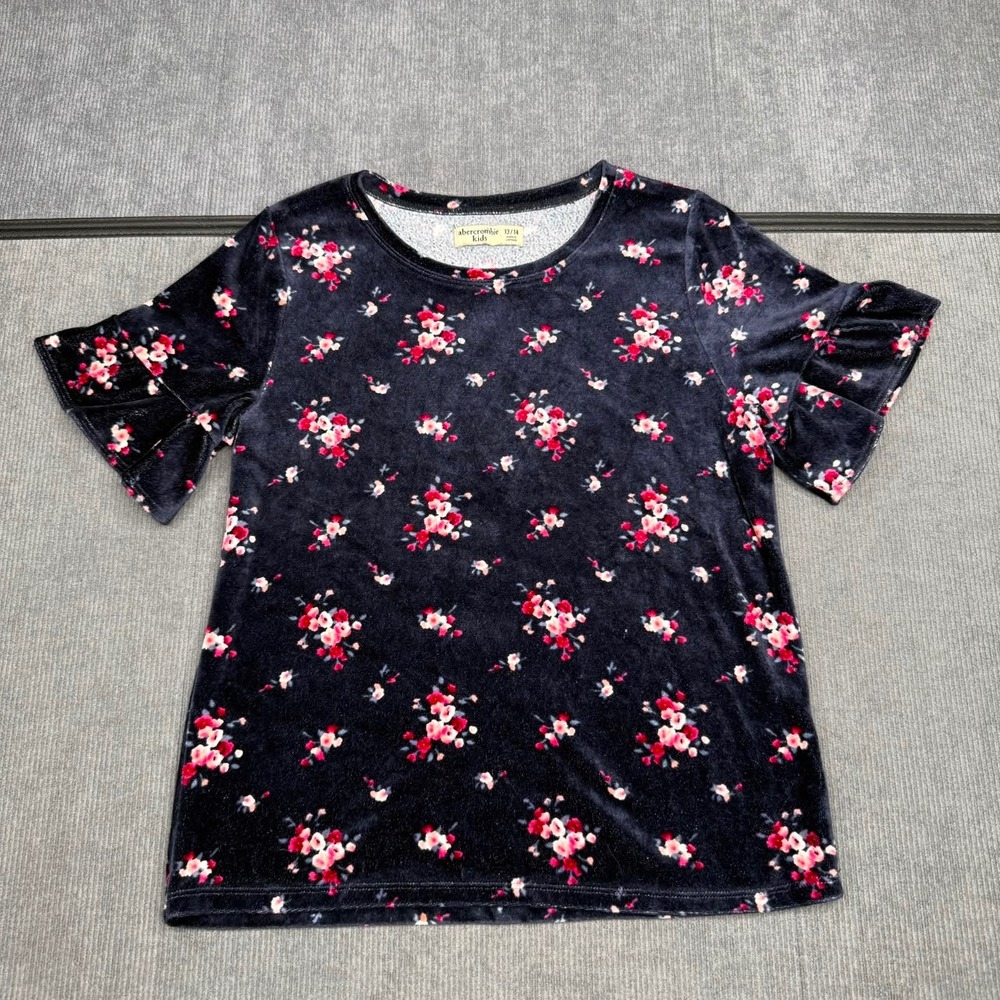 Abercrombie Kids Girls Navy Blue Floral Velvet Ruffle Sleeve Top Size 13/14